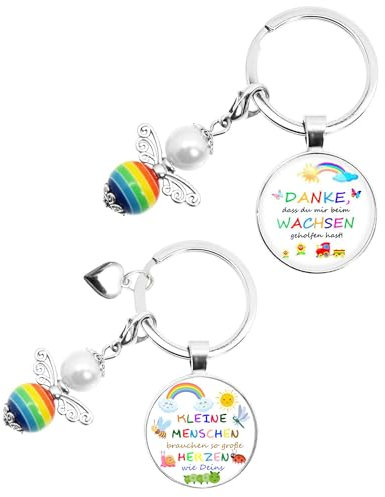 HCHES 2 Stück Cabochon Glas Schlüsselanhänger mit Herz und Schutzengel Anhänger für Schulkind Kindergarten Mädchen und Junge Glücksbringer oder Abschiedsgeschenk Erzieherin, Tagesmutter