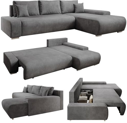 Juskys Sofa Iseo Rechts mit Schlaffunktion - Stoff Couch L Form für Wohnzimmer, bequem, ausziehbar - Schlafsofa Ecksofa Eckcouch Schlafcouch Dunkelgrau