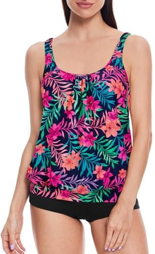 loginsummer Maillot de Bain Femme 2 Pieces, Ensembles de Tankini pour Femme Grande Taille, Tankini Taille Haute avec Short de Garçon, Maillot de Bain Gainant Le Ventre（Fleurs colorées,EU38）