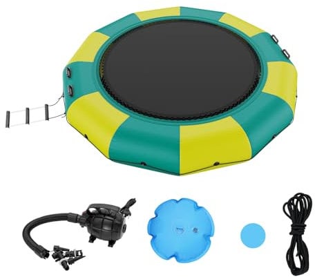 VEVOR Aufblasbarer Wassertrampolin mit Leiter, wasserdichte, Abriebfeste, Wassertrampoline 3,66 m Großen Sprungfläche, Sprungplattform-Wasserpark Pool Trampolin, Gelb + Grün 226 kg Tragfähigkeit