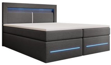 Boxspringbett Nera 180x200 Doppelbett Polsterbett Bett mit LED, USB und Stauraum | Bezug: Stoff | Farbe: Grau | Härtegrad: H4 (100kg+)