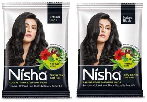 Nisha Natural Henna Based Hair Color Powder, Natural Brown, Natural Black, Burgandy Redy Pack of 2, Henna Based Dye with Brush Set (Natural Black x 2 10g Pouch)