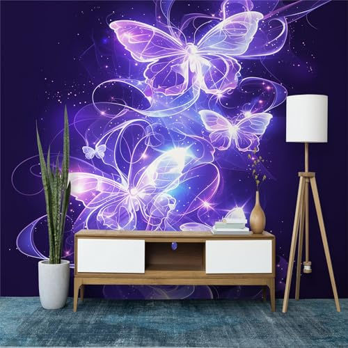 Fototapete Neon Blume Schmetterling Vlies Tapeten Wandtapete, Dunkel Moderne Wanddeko Design Wand Dekoration Wohnzimmer Schlafzimmer Büro Flur 250x175 cm (B x H) Wandtapete
