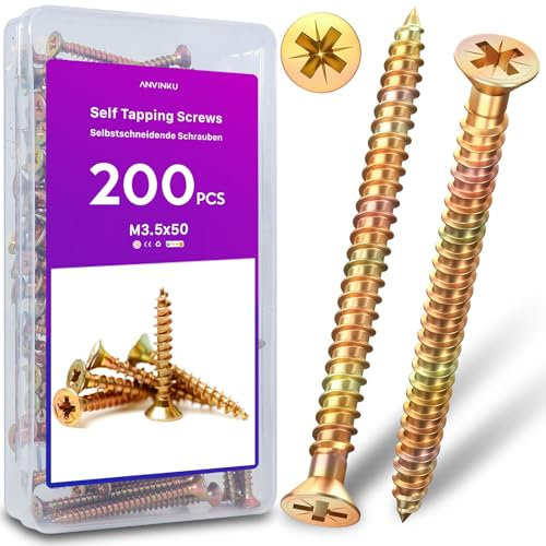 ANVINKU Schrauben Set 200 Stück, M3.5 x 50 mm Holzschrauben Set, Farbe Zink Holzschrauben Sortiment, Selbstschneidende Schrauben 50 mm, M3.5 Schrauben Set Holz, Schrauben Sortiment für Reparatur