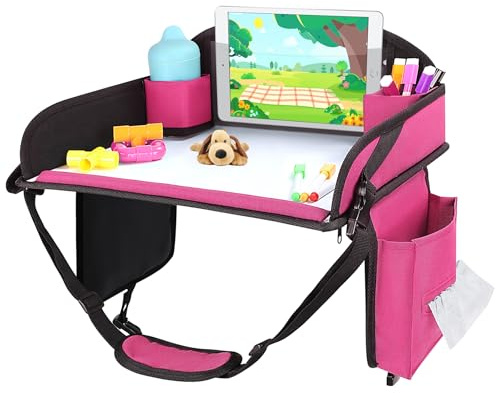 INFANZIA Reisetisch für Kindersitz, Faltbarer Reise-Organizer, Rosa | Faltbarer Reise-Organizer mit Schreiboberfläche und Stauraum, Knietablett für Rücksitz, Flugzeug und Zug, 43 x 34 cm