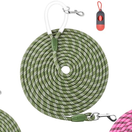 JoyfulPaws Rückrufleine für Hunde 1,8 m, 3 m, 6 m, 9 m, komfortabler Silikongriff, reflektierend, kein Verheddern, für kleine, mittlere, große Hunde, ideal für Spaziergänge,Camping (Olivgrün,1,8mx1cm)