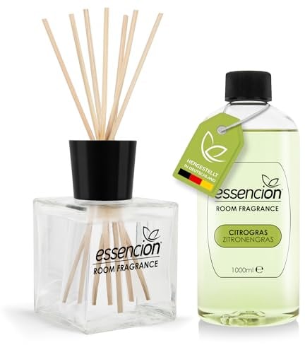 essencion Citro Gras Raumduft Set – Glas Diffusor + 1000ml Refill – In 14 verlockenden Düften erhältlich (Citro Gras Set 200ml+1000ml)
