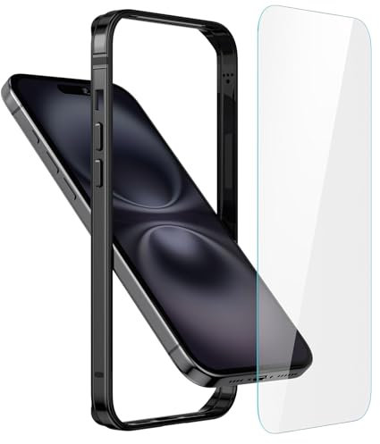 Metall Bumper Case für iPhone 16, Aluminium Rahmen Slim Case [weicher innerer Bumper] [erhöhter Randschutz] HD gehärtetes Glas Displayschutzfolie für iPhone 16 6.1 Zoll, Schwarz