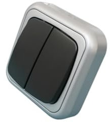 Doble interruptor de superficie, acabado plata-gris, ideal para controlar múltiples luces en un mismo lugar y mejorar la funcionalidad del hogar.