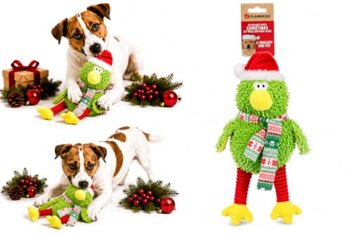 Flamingo Hundespielzeug – WEIHNACHTSSPIELZEUG – Viviana Vogel Grün – 31 cm – Weiches Plüschspielzeug mit Quietscher Weihnachtsedition