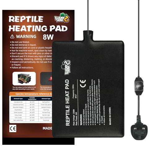 LUCKY HERP Reptile Heating Mat, 8W Terrarium Reptile Heat Pad with Temperature Adjustment, Vivarium Heat Mat for Turtle, Lizard, Hermit Crab, Frog, Snake(6x8in)