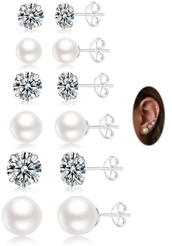 Senteria 6 Paar Ohrstecker Silber Ohrstecker für Damen Silber 925 Ohrstecker Set Hypoallergen kleine Perlen Zirkonia Ohrstecker Winzige Knorpel-Ohrstecker für Damen und Herr 3-8mm
