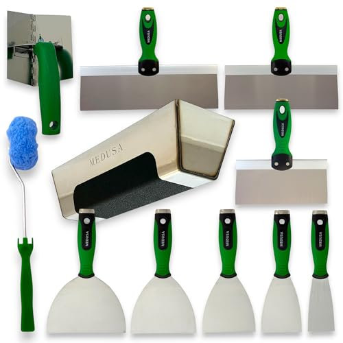 Medusa Stainless Steel Drywall Tools with Adjustable & Reversible Angle Tool, Detachable & Replaceable Corner Roller, and Non-Slip Putty Tray