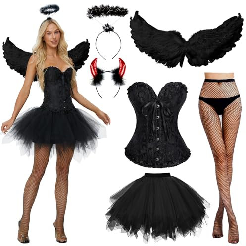 JONRRYIN Disfraz Angel Mujer, Disfraz Angel Negro, Disfraz de Hada y de Diablo, Alas de Ángel, Diadema Angel, Diadema Diablo, Corset, Medias de Rejilla para Halloween Carnaval Cosplay (Negro-B, S)