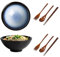 Lot de 2 bols à soupe avec baguettes, fourchette et cuillère, 1200 ml, saladier en céramique pour nouilles Udon asiatiques, grand bol de 20 cm (blanc/bleu)