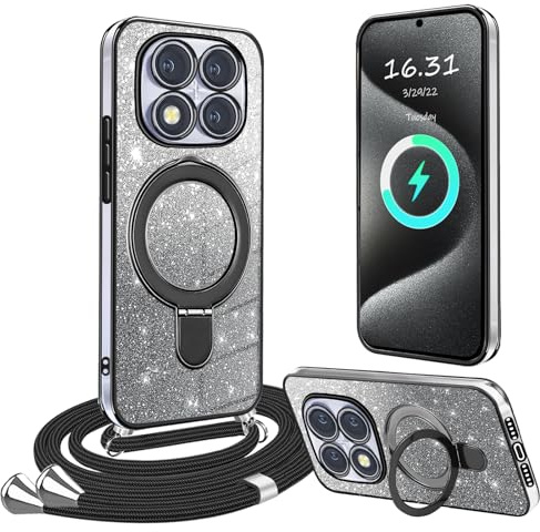 XCYYOO Funda Brillante con Cuerda para Xiaomi Redmi Note 14 Pro 5G [con Soporte Invisible] Transparente TPU Silicona Carcasa Antigolpes Anti-Arañazos Funda con Cordón Ajustable Redmi Note 14 Pro,Negro
