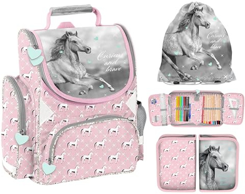 Ebaxx Schulranzen Set 3 teilig Tornister Mädchen Pferd Rosa