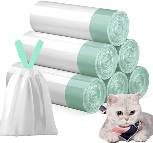 WANDGU Sacs Poubelle Avec Poignée de Transport : 6 Rouleaux pour Litière de Chat, 90 Pièces Autonettoyantes Durables, Recharge pour Litière pour Chat (Vert)
