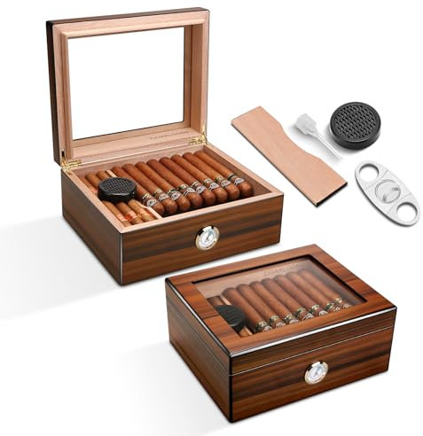 Zigarren Humidor Zedernholz Humidor Zigarrenbox mit Zigarrenabschneider, Befeuchter und Hygrometer, Glasplatte Humidor Case für Zigarrenliebhaber (Medium)