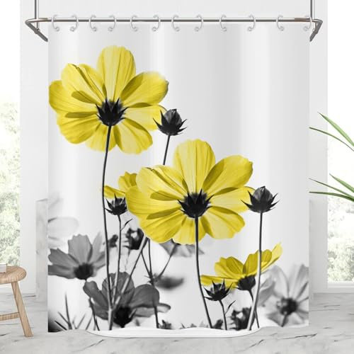 Hnmdmyi Rideau de Douche Fleurs 180x220, Jaune et Gris Pâquerette Élégante Fleur Sauvage Design Ferme Étanche Polyester Tissu Lavable Rideau de Bain avec Crochets