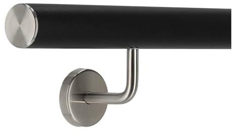 TIBU Handlauf Edelstahl schwarz 30-600cm Treppengeländer Innen und Außen mit gewinkelte Handlaufhalter, Länge 230 cm mit 3 Halter und gerade Kappe
