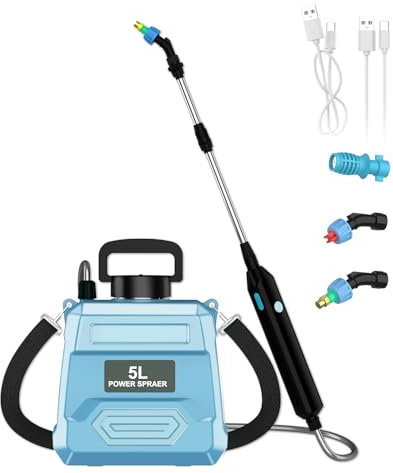 Pulvérisateur à Batterie, Pulvérisateur Electrique 5L avec 2 Types de Puses, Tige Télescopique, Bandoulière Réglable, pour Cour, Pelouse et Jardin (Bleu)