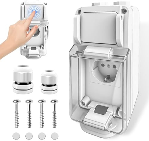 Enchufe de superficie con interruptor IP66, resistente al agua, enchufe exterior empotrado, enchufe para ambientes húmedos con cerradura, 2 agujeros, enchufe exterior con interruptor, para exteriores