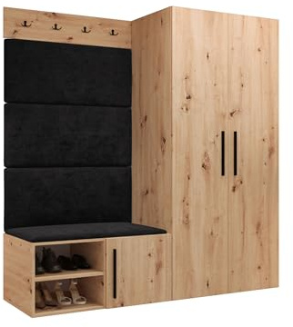 Mirjan24 Garderoben-Set Mapreni I, Schuhschrank + Kleiderhakenbrett + Kleiderschrank Gepolstertes Paneel/Wandpaneel Kleiderhaken Flurgarderobe Wandgarderobe (Artisan Eiche, Manila 18)