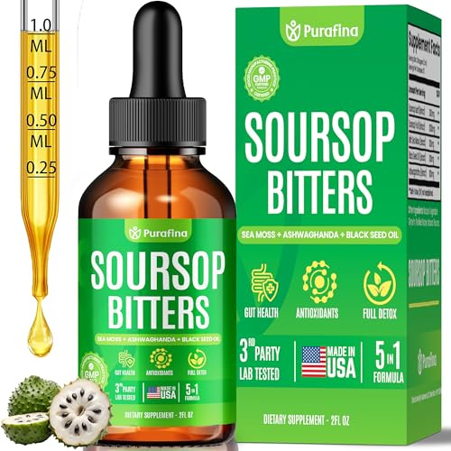 Soursop Bitters Liquid Drops 5-in-1 Detox & Cleanse with Irish Sea Moss, Black Seed Oil, Ashwagandha, Graviola Leaf Extract Organic Sour Sop Supplement Pure Herb Liver, Gut & Antioxidant (1 Bottle)