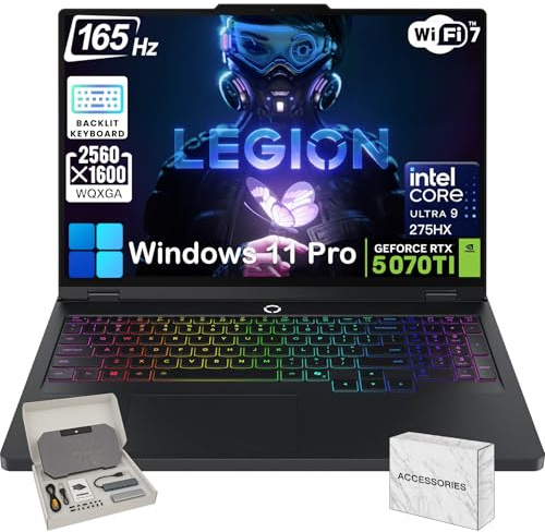 Lenovo Legion Pro 5i Gen 10 Gaming Laptop - Intel 24 Core Ultra 9 275HX, GeForce RTX 5070 Ti, 64GB RAM, 2TB SSD, 16.0 WQXGA OLED 165Hz Display, Wi-Fi 7, 24zone RGB Backlit, Win 11 Pro, Accessories
