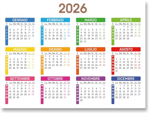Kalender 2026, Kühlschrank mit Magnet, Größe 20 x 15 cm, bunter Jahresplaner mit nummerierten Wochen, Organizer für Aufgaben, Urlaub und Events | (2026, Italienisch)