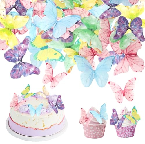 48 Stück Schmetterling Tortendeko Essbar für Hochzeiten, Geburtstage, Party | Essbare Schmetterlinge für Torte, Esspapier Tortendeko,Essbare Cupcake Toppers ,Kuchen Deko Mädchen