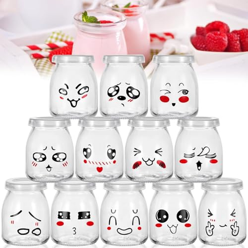 Purpledi 12 Pots Yaourt en Verre avec Couvercles Hermetique, Pot Yaourt en Verre avec Couvercle, Bocal Crème avec Couvercle en Plastique pour Yaourtière Multicuiseur Thermomix, Cookéo Yaourt Maison