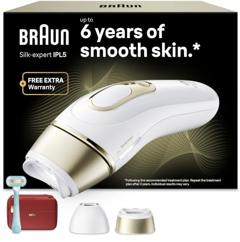 Braun IPL Geräte Haarentfernung Silk·expert Pro 5, PL5221, Weiß/Gold | Alternative Laser Haarentfernung für Zuhause, Dauerhafte Haarentfernung, Inkl. Etui, Gillette Venus Rasierer Und 2 Aufsätze