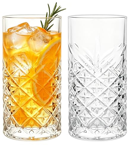 LONTOM 380ML Highball Glasses with Heavy Base, Set of 2 Lead-Free Diamond Cut Crystal Tumbler Glass Tall Drinking Glasses for Juice, Cocktails, Iced Coffee, Beer Party Wedding Gifts Dishwasher Safe