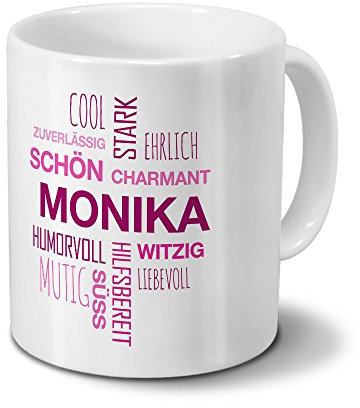 printplanet Tasse mit Namen Monika Positive Eigenschaften Tagcloud - Pink - Namenstasse, Kaffeebecher, Mug, Becher, Kaffeetasse