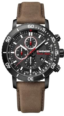 WENGER Herren Armbanduhr Roadster Black Night Chronograph Ø 45 mm, Swiss Made, Analog Quarz, Wasserdicht bis 100 m, Leder-Armband, Schwarz, 01.1843.107