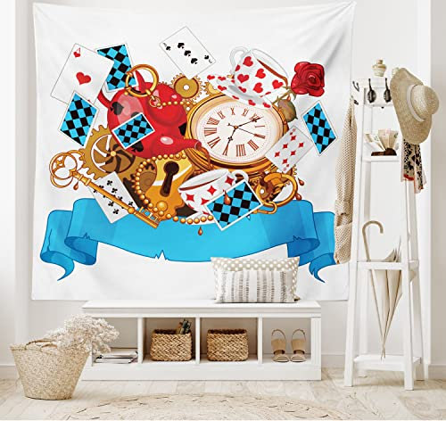 ABAKUHAUS Alice im Wunderland Wandteppich und Tagesdecke, Fantasy World Cards Clocks, aus Weiches Mikrofaser Stoff Wand Dekoration Für Schlafzimmer, 230 x 140 cm, Multicolor