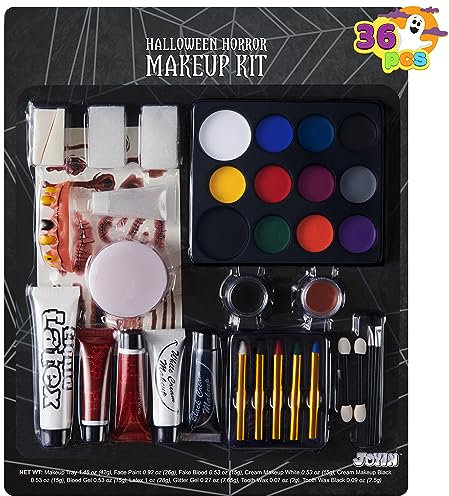 JOYIN 36 Pcs Halloween Face Paint Kit Makeup Set for Body Painting Party Cosplay Special Effects, All-in-1 Face Paint Palette Crayons Brushes Tooth Wax