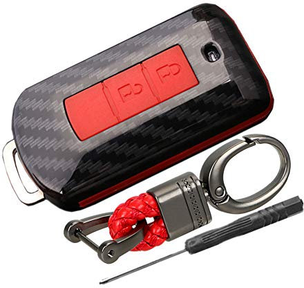 Happyit Kohlefaser Shell + Silikon Autoschlüssel Case Abdeckung Schlüsselbund für Mitsubishi Colt Warrior Carisma Spacestar 2 Tasten (Rot)