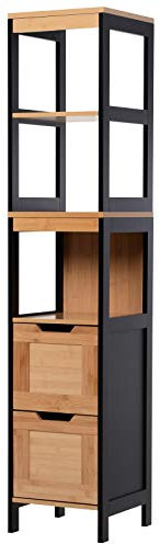 HOMCOM Meuble Colonne Rangement Salle de Bain Style Cosy dim. 30L x 30l x 144H cm 3 étagères 2 tiroirs Bambou Noir