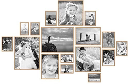 PHOTOLINI Alu-Bilderrahmen-Set Gold schmal, 17er Set Metall-Rahmen aus Aluminium, bruchsicheres Acrylglas, zum Aufhängen, extra Zubehör, modernes Design für Poster & Fotos