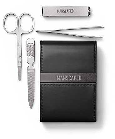 MANSCAPED® Shears 2.0 Tempered Stainless Steel Men's Nail Kit, Fingernail Clippers, Safety Scissors, Tweezers and Nail File, Travel Manicure Pedicure Set, 4-Piece Luxury Grooming Kit with Compact Case