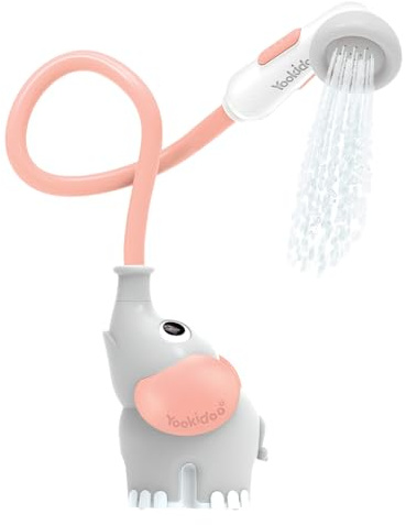 Yookidoo Duschkopf für Baby-Badewanne, Elefanten-Wasserpumpe mit Stammauslauf und Spüler, kontrolliert den Wasserfluss von 2 Knöpfen für maximalen für Neugeborene (Pink)
