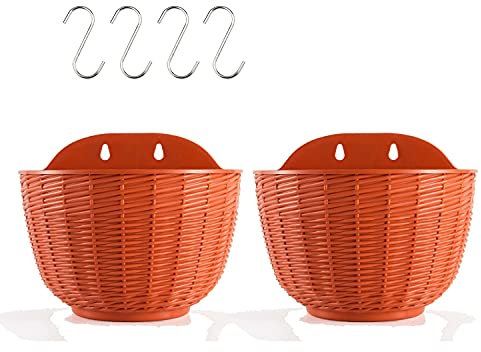 Koomuao 2er Set Hängetopf aus Kunststoff,Blumentöpfe zum Aufhängen mit S-Haken Hängende Geländer Blumentöpfe für Drinnen,Draußen,Gärten,Zäune (Orange, Mittel)