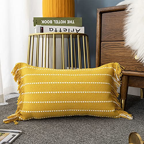 LIGICKY Kissenbezug Boho Streifen Dekorative Kissenbezüge Quaste Weich Kissenhülle Baumwolle Deko Kissen Sofakissen für Wohnzimmer Couch Schlafzimmer Büro Auto 30 x 50 cm Weiß und Gelb