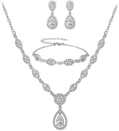 Clearine Statment Schmuckset Damen Hochzeit Cubic Zirkonia Tropfen Y-Halskette Kette, Armband und Ohrhänger Set Klar Silber-Ton