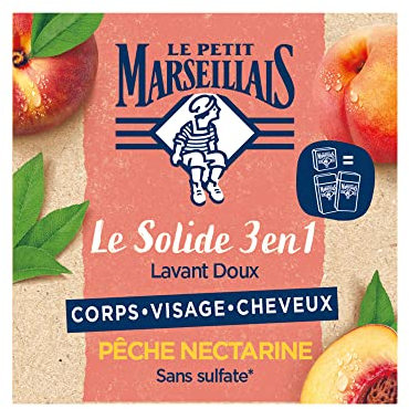 Le Petit Marseillais - Le Solide 3 en 1 Lavant Doux Pêche Nectarine – Savon solide pour le corps, le visage et les cheveux – Savon sans sulfate équivalent à 2 flacons de gel douche