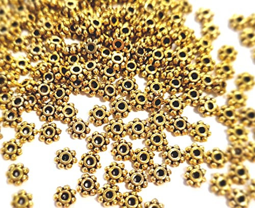 200 Daisy Spacer Perlen rund flach 4mm Farbwahl Blume Stern Metall Zwischenperlen (Gold #S589)