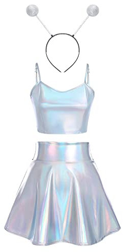 Alien Kostüm Damen - Metallic Glitzer Oberteil Crop Top+Faltenrock Mini Skater Röcke Outfit Halloween Karneval Fasching Festival Rave Faschingskostüme Laser Silber-spaghettiträger+Alien Haarreif M